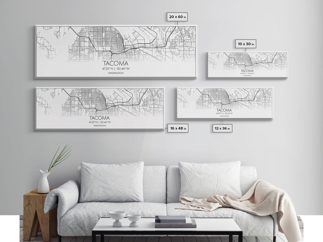 Panoramic Tacoma City Map, Washington Art, Map Print, Minimalist Wall Art, Canvas Art, Housewarming Gift, Street Map Art, Closing Gift