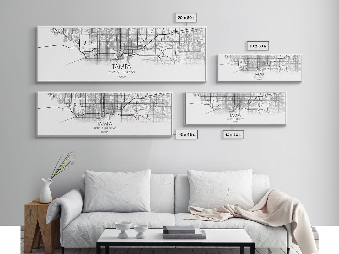 Panoramic Tampa City Map, Florida Art, Map Print, Minimalist Wall Art, Canvas Art, Housewarming Gift, Street Map Art, Closing Gift