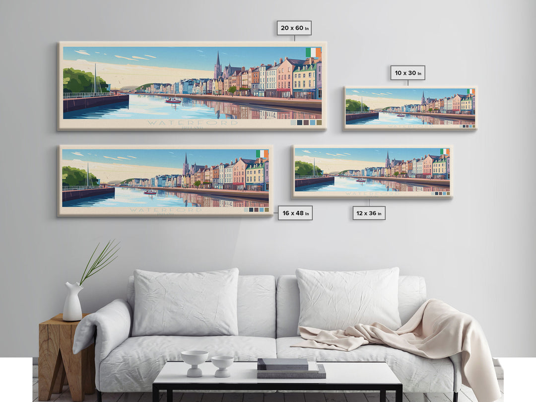 Waterford, Ireland Panoramic Travel Poster Canvas Print, Waterford, Ireland Painting, Ireland Art, Waterford Travel Art, Guest Room Painting