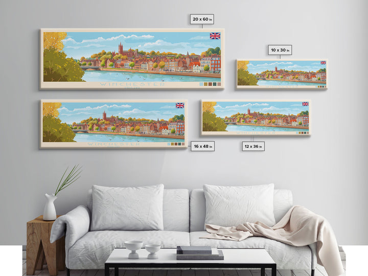 Winchester, England Travel Poster Panoramic Canvas Print, Winchester, England Painting, England Art, Winchester Travel Art, Guest Room Painting