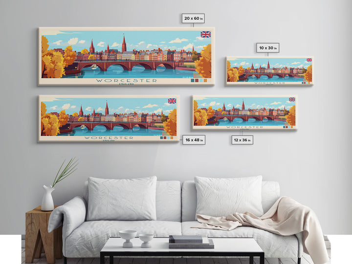 Worcester, England Panoramic Travel Poster Canvas Print, Worcester, England Painting, England Art, Worcester Travel Art, Guest Room Painting