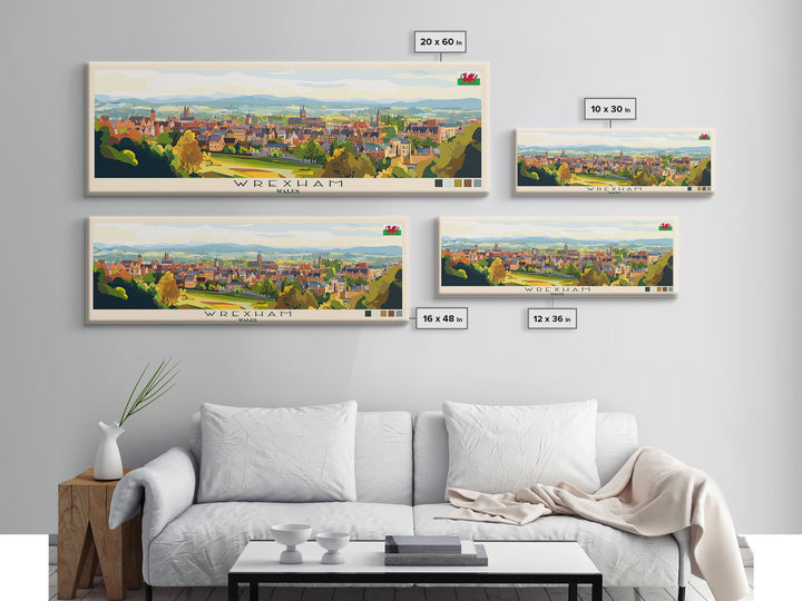 Wrexham, Wales Panoramic Travel Poster Canvas Print, Wrexham, Wales Painting, Wales Art, Wrexham Travel Art, Living Room Painting