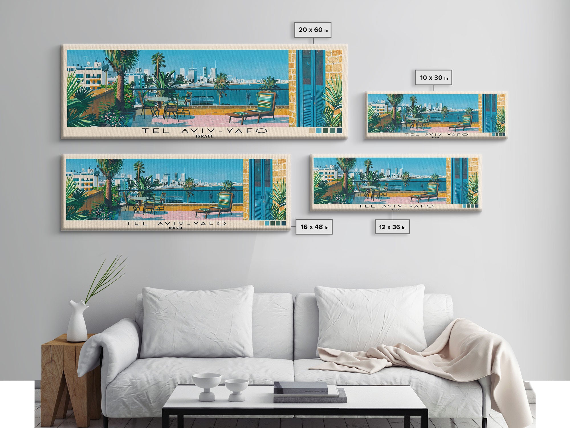 Tel Aviv-Yafo, Israel Panoramic Canvas Print, Tel Aviv-Yafo, Israel Painting, Israel Art, Tel Aviv-Yafo Travel Poster, Travel Art, Living Room Painting