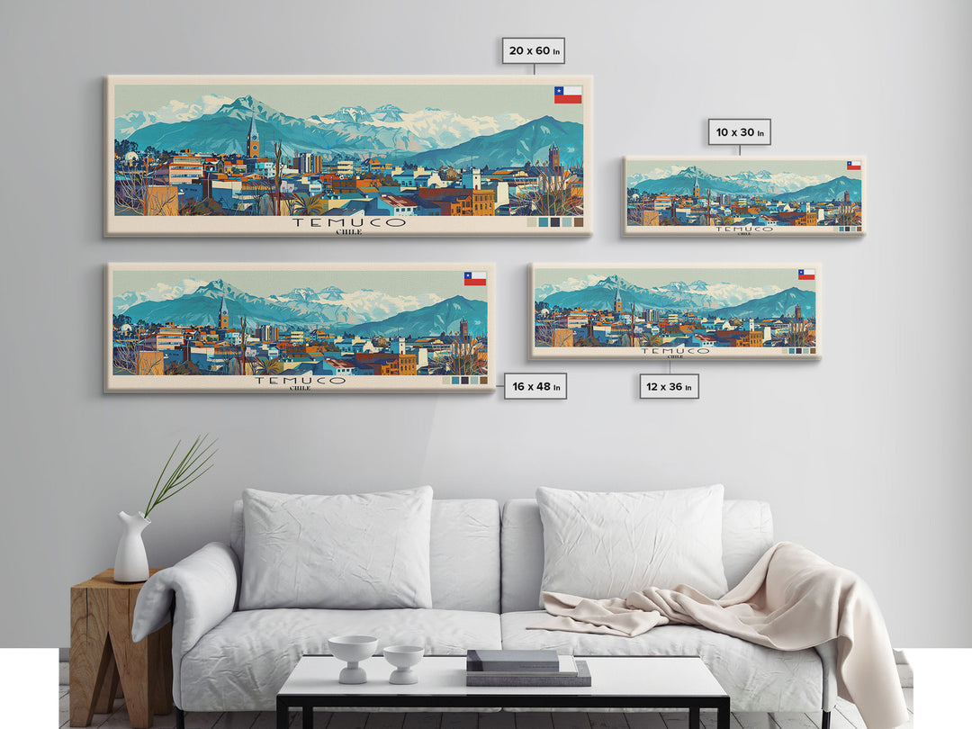 Temuco, Chile Panoramic Canvas Print, Temuco, Chile Painting, Chile Art, Temuco Travel Poster, Travel Art, Guest Room Painting