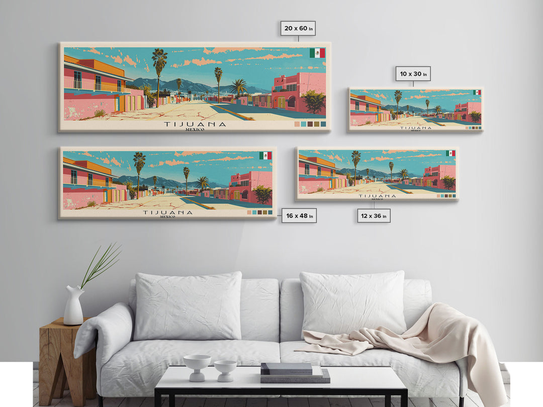 Tijuana, Mexico Panoramic Canvas Print, Tijuana, Mexico Painting, Mexico Art, Tijuana Travel Poster, Travel Art, Housewarming Gift