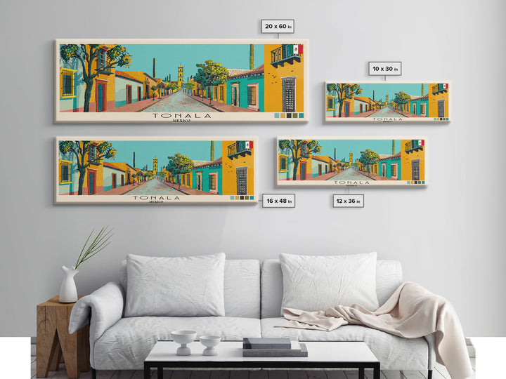 Tonala, Mexico Panoramic Canvas Print, Tonala, Mexico Painting, Mexico Art, Tonala Travel Poster, Travel Art, Guest Room Painting