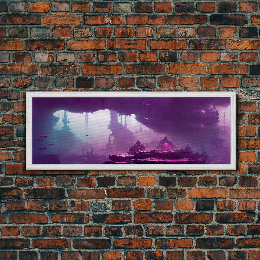 Panoramic Fantasy Underwater City, Purple Art, Extra Large Wall Art, Framed Panoramic Canvas Print, Framed Wall Decor