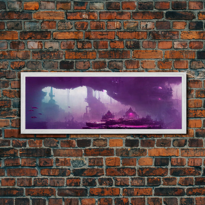 Panoramic Fantasy Underwater City, Purple Art, Extra Large Wall Art, Framed Panoramic Canvas Print, Framed Wall Decor