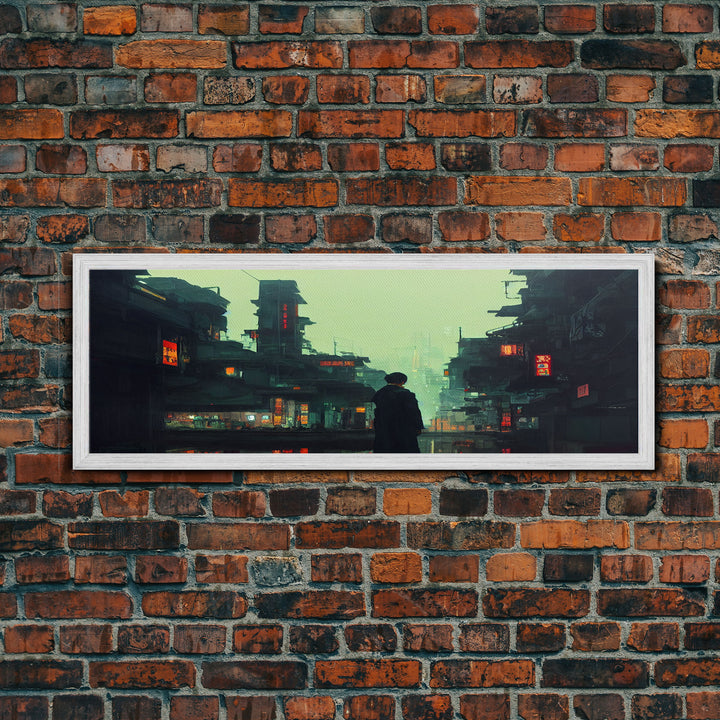 80s style Cyberpunk Japanese City, Retro Punk Tokyo, Framed Canvas Print, Framed Wall Art, Large Panoramic Wall Decor