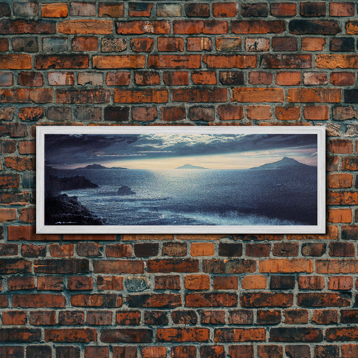 Storm Torrent Over A Steel Grey Sea, Gloomy Wall Art, Framed Ready To Hang Canvas Print