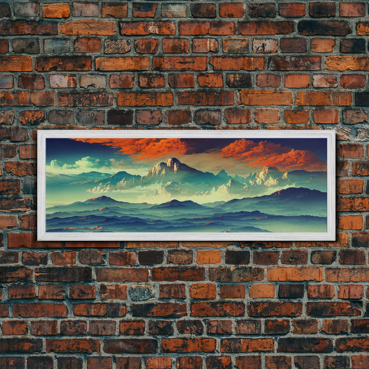 Beautiful Fantasy Mountain Landscape With Orange Clouds, Framed Canvas Print, Ready To Hang Panoramic Wall Decorr