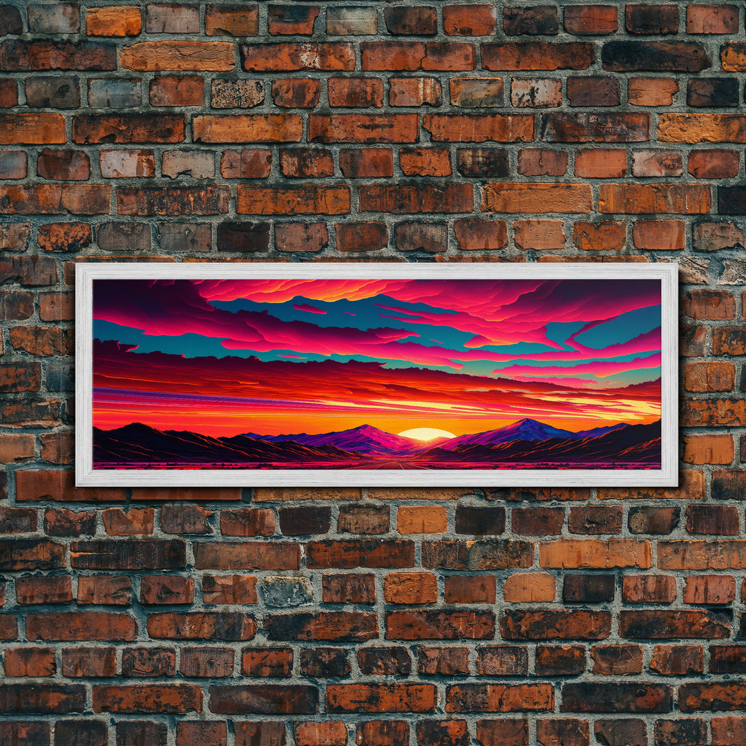 Panoramic Framed Canvas Print | Desert Mountain Landscape Synthwave Sunset | Living Room, Bedroom, Dining Room, Office