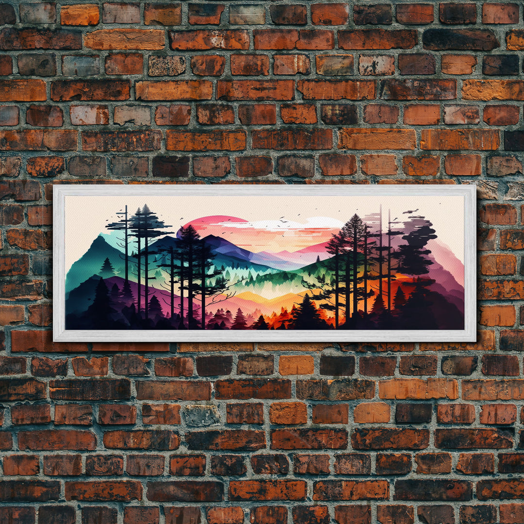 Vibrant Double Exposure Watercolor of a Mountain Landscape and Pine Tree Forest at Sunset, Wide Panoramic Framed Canvas Print