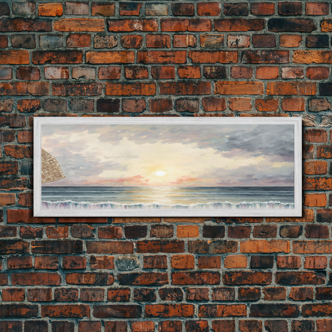 Whimsical Beach Art Watercolor, Framed Canvas Print, Panoramic Lakehouse Art, Light Pastels, Ultra Wide Format Above Bed Art