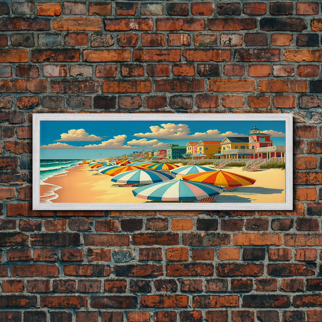 The Beach Boardwalk, Beach Umbrellas, Framed Canvas Print, Colorful Panoramic Beach Art, Midcentury Modern Style Wall Art