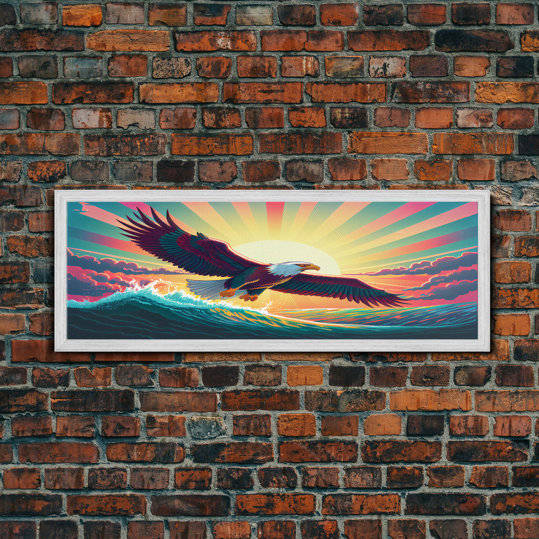 American Bald Eagle, Panoramic Wall Art, Framed Canvas, Retro Style Eagle Painting, Synthwave Ocean Sunset Art