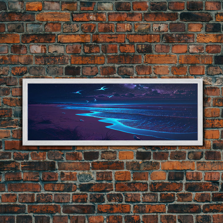 Night Moves, Retro Synthwave Beach Art, Framed Canvas Print, Starry night sky over the pacific ocean