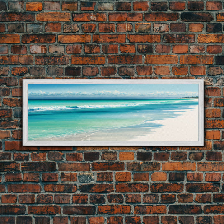 Blue Beach and Ocean Waves Panoramic Framed Canvas Print - Perfect for Living Room, Bedroom, Office Decor