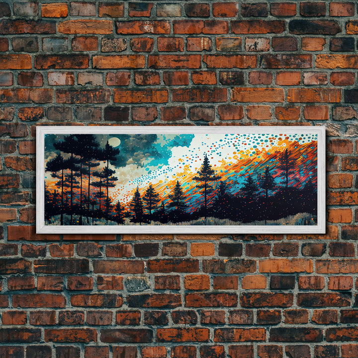 Extra large 24 x 72 wall art, framed canvas print, abstract pine tree forest painting, painting of a forest fire against a starry night sky