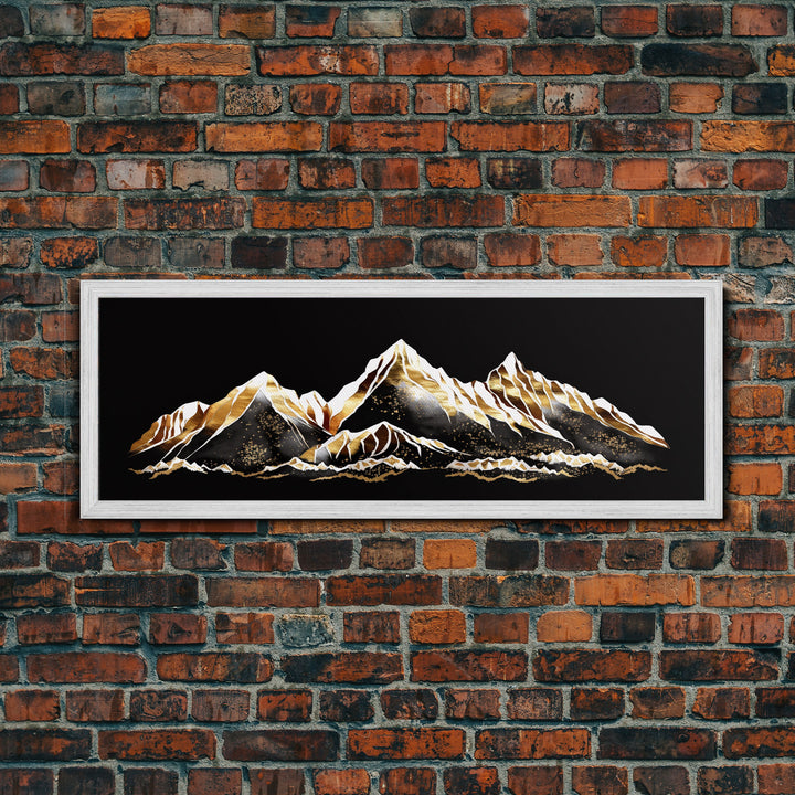 Black & Gold Mountain Landscape Painting, Framed Canvas Print, Panoramic Art, Extra Wide Art, Center Piece Decor, 24 x 72 Art, Huge Art