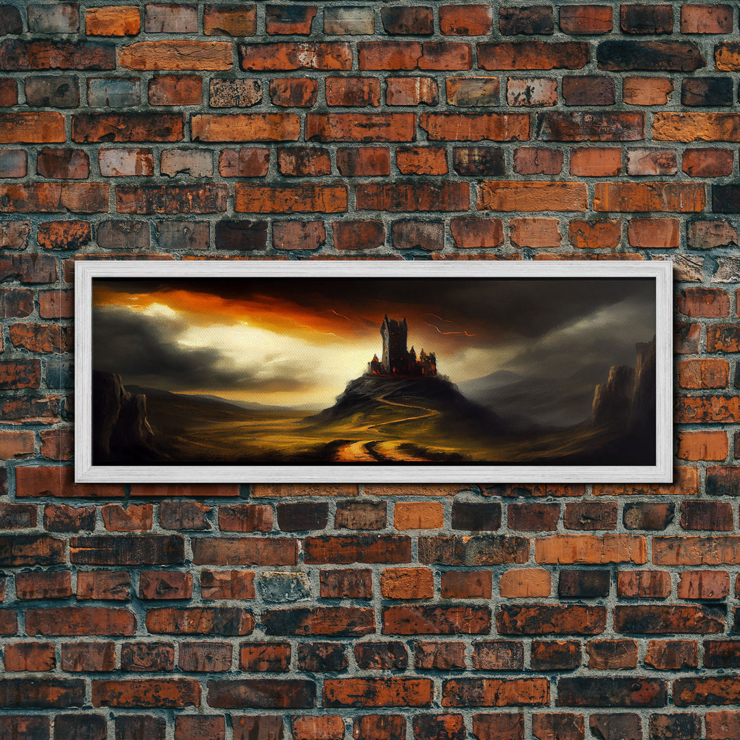 Panoramic Dark Fantasy Wall Art, Framed Canvas, Wood Frame Art, The Dark Castle Oil Painting Fantasy Decor, DND Art