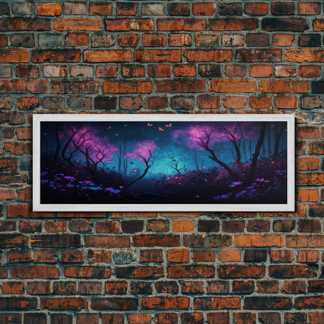 Beautiful Fantasy Forest, Framed Canvas Print, Fantasy Art, Butterflies and Fireflies Light up a Fairy Forest At Night, Framed Wall Art