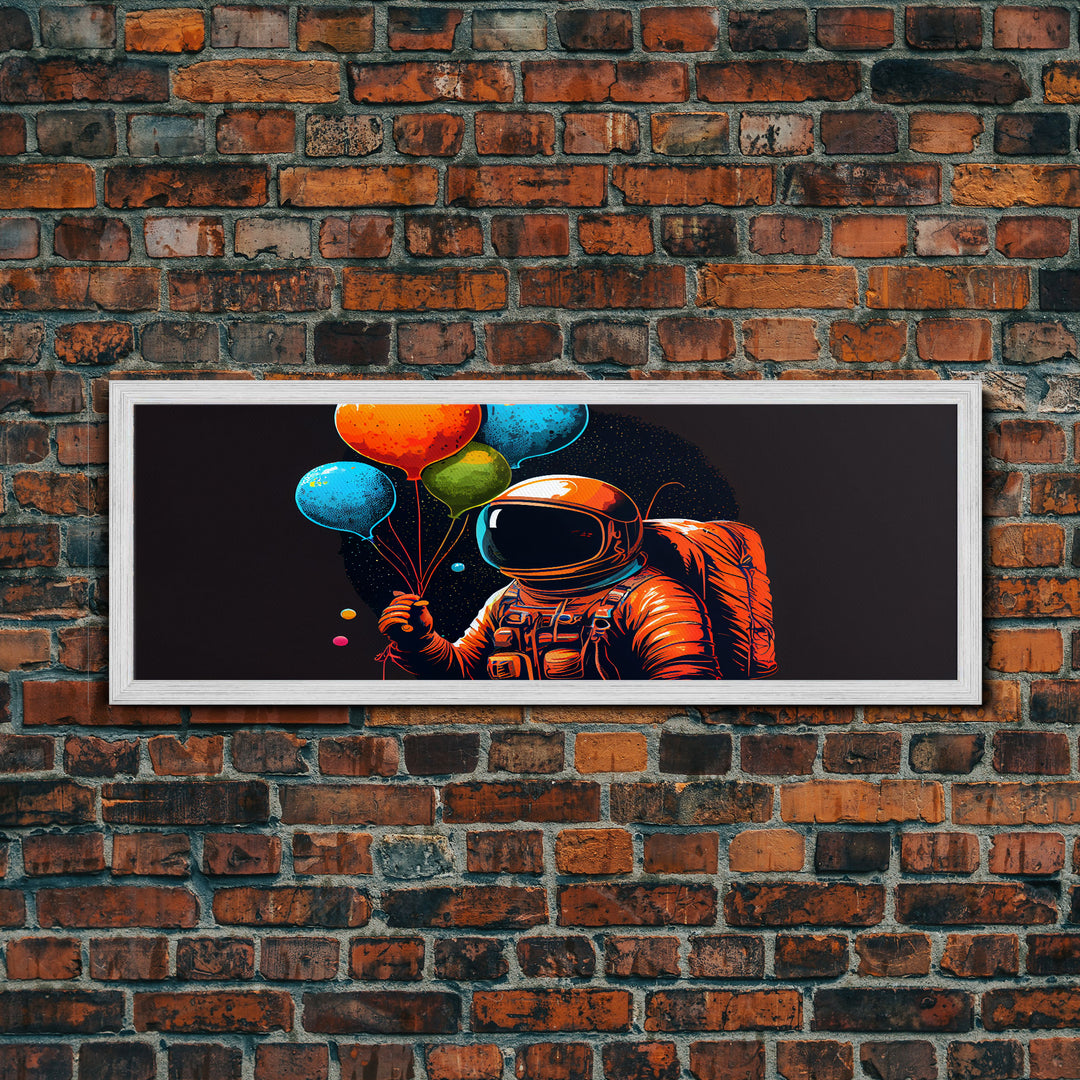 Psychedelic Astronaut Holding Balloons in Space, Framed Canvas Print, Crypto Art, To The Moon