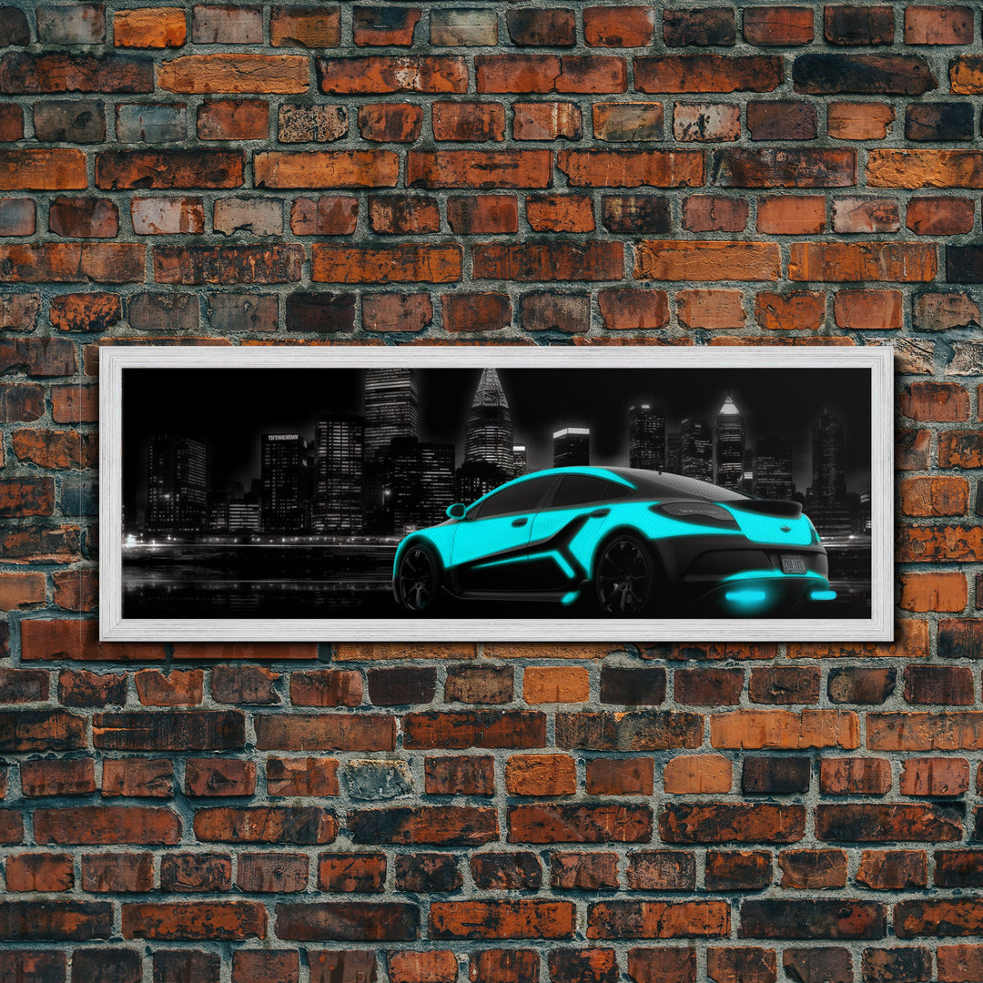 City Skyline Wall Art, Teal Sports Car,  Abstract Urban Art, Cityscape Art, Dark Night Large Urban Art, Panoramic, Wall Art, Canvas Print