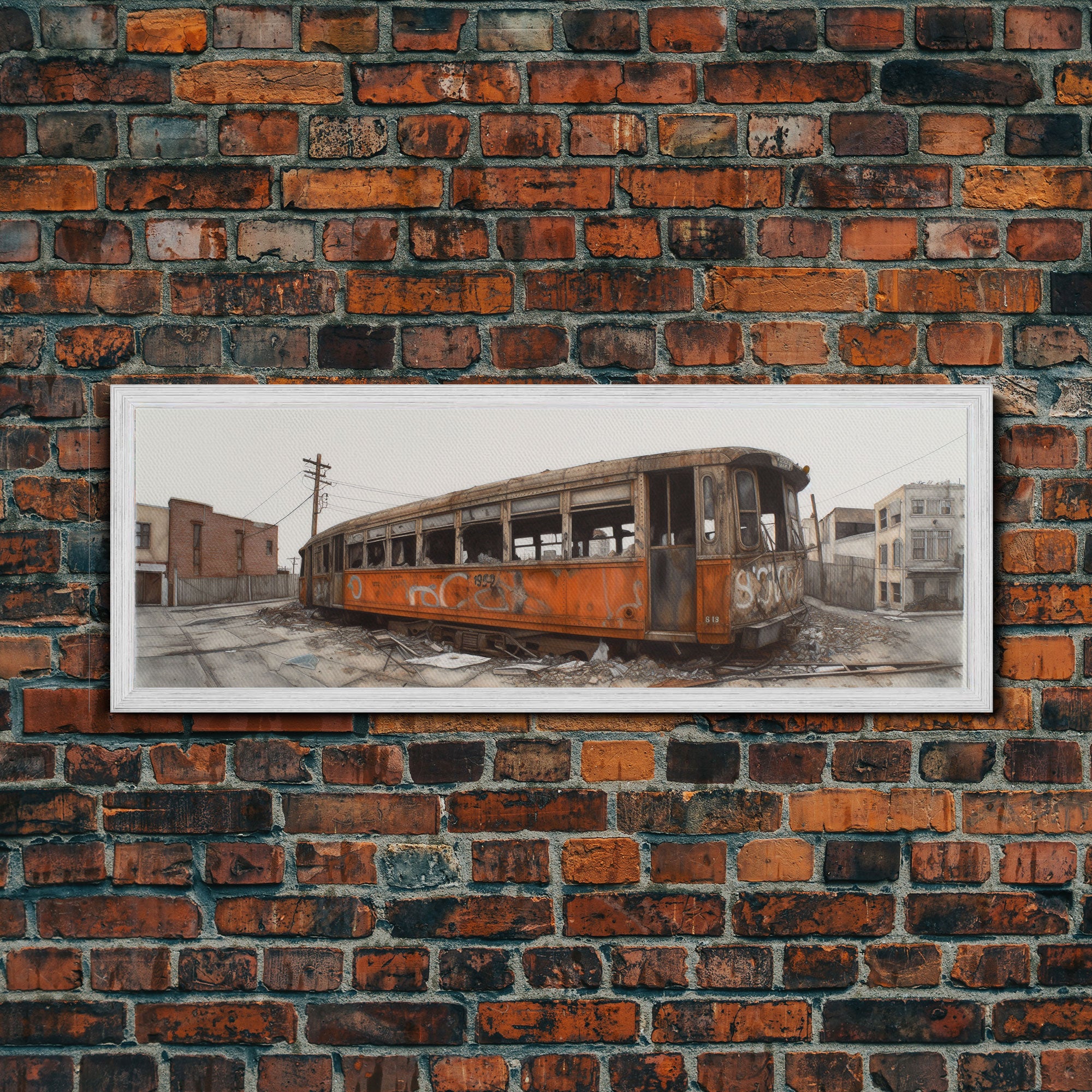 Abandoned Orange Train, Graffiti Art, Urban Art Print, Street Art, Wall Decor, Large Canvas Print, Panoramic, Wall Art, Canvas Print