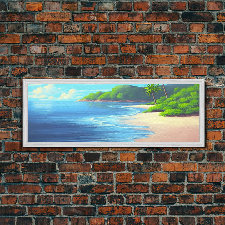 Canvas Tropical Beach Wall Art, Seashore, Palm Trees, Island, Beach Scene Art Print, Wall Decor, Green, Panoramic, Wall Art, Canvas Print