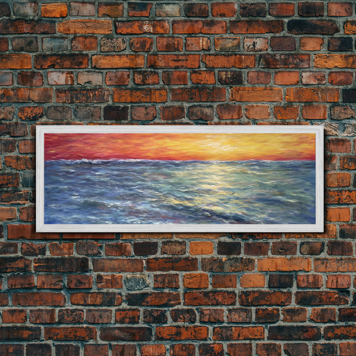 Vibrant Abstract, Framed Art, Sunset, Ocean, Abstract Sea Wall Art, Orange, Blue, Yellow, Abstract Nature, Panoramic, Wall Art, Canvas Print