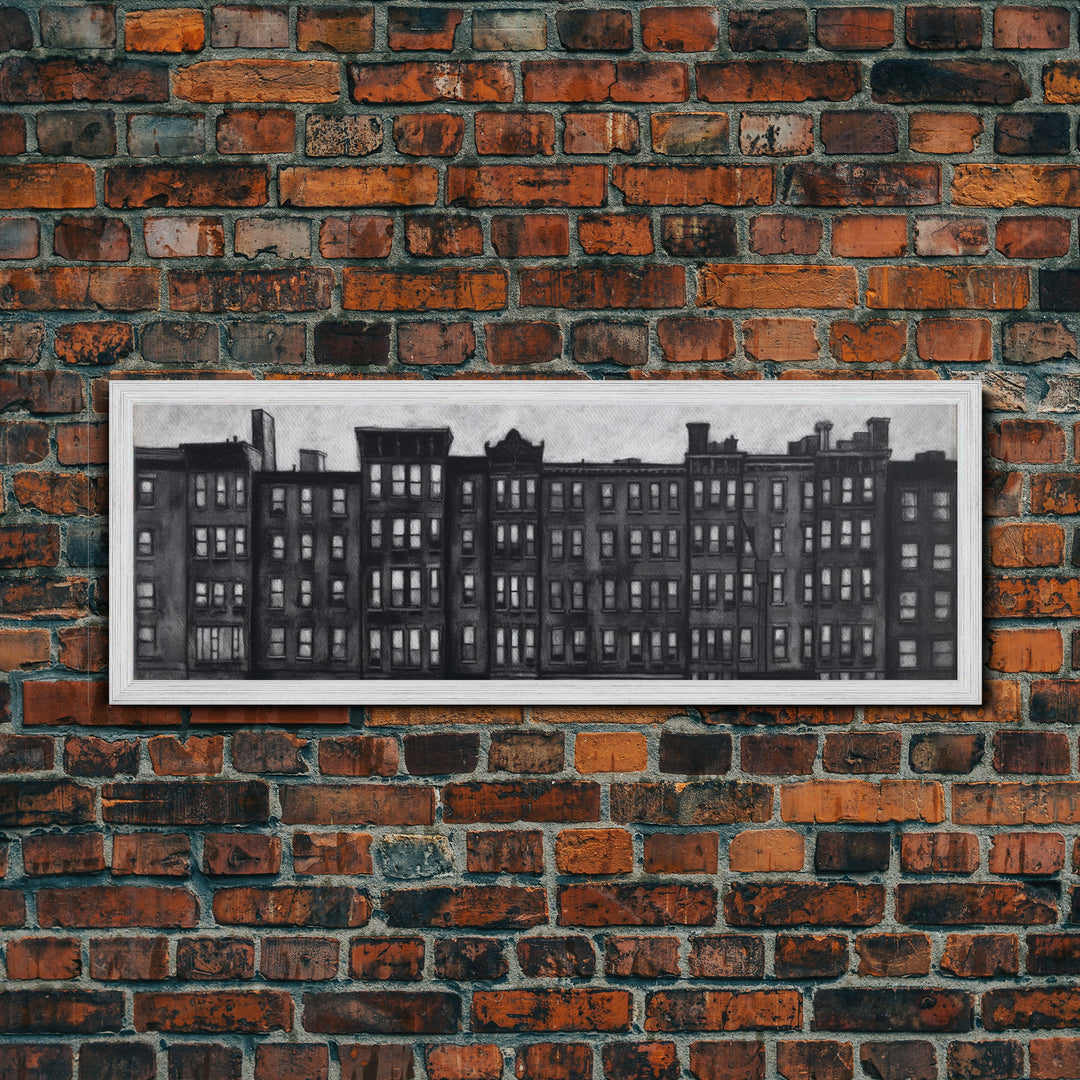 Row Of Buildings Pencil Sketch, Monochromatic Art, City Art, Large Urban Art Print, Wall Decor, Panoramic, Wall Art, Canvas Print