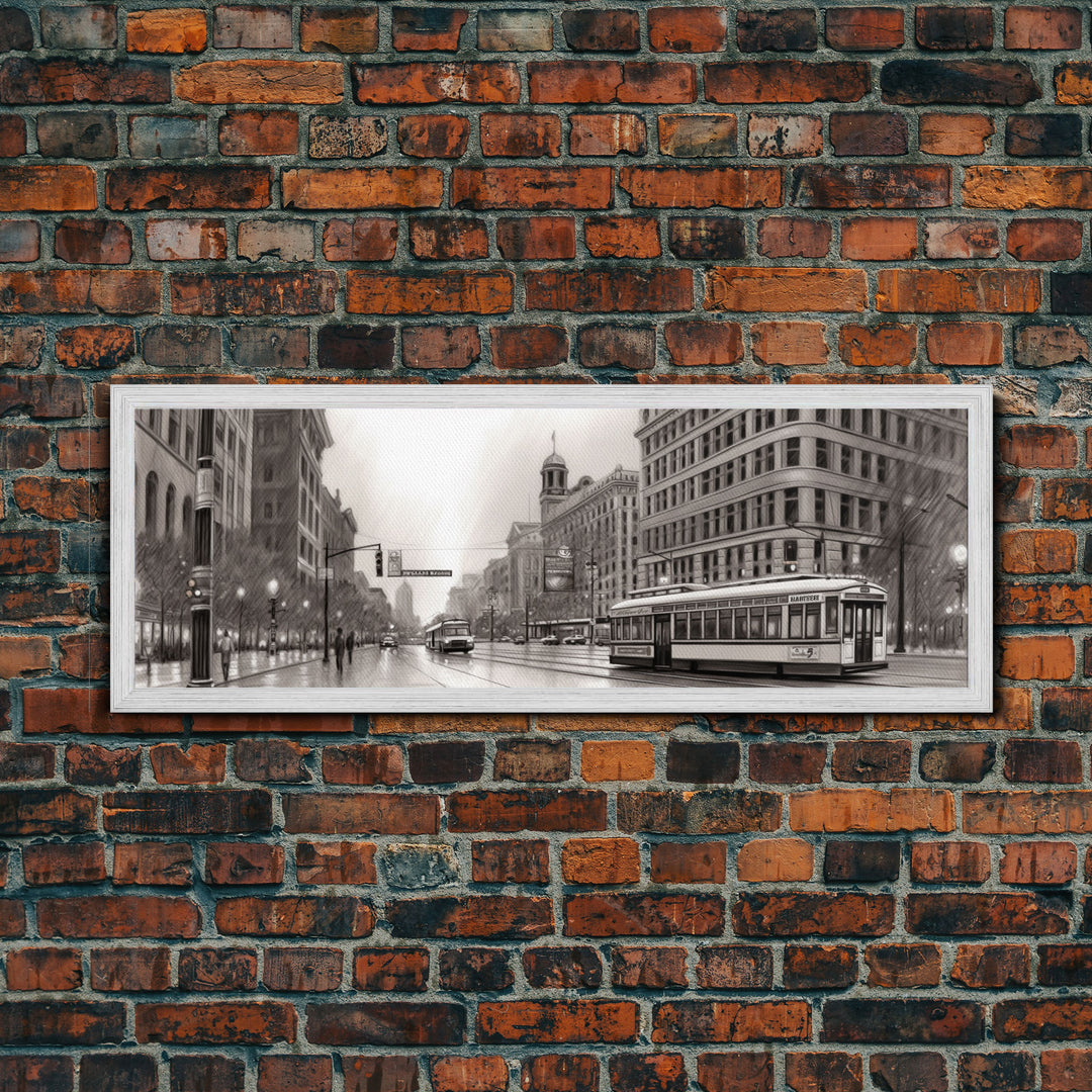 Detailed Street Sketch Canvas Print, City Wall Art, Bus, Cars, Buildings, Monochromatic Urban Art Print, Panoramic, Wall Art, Canvas Print