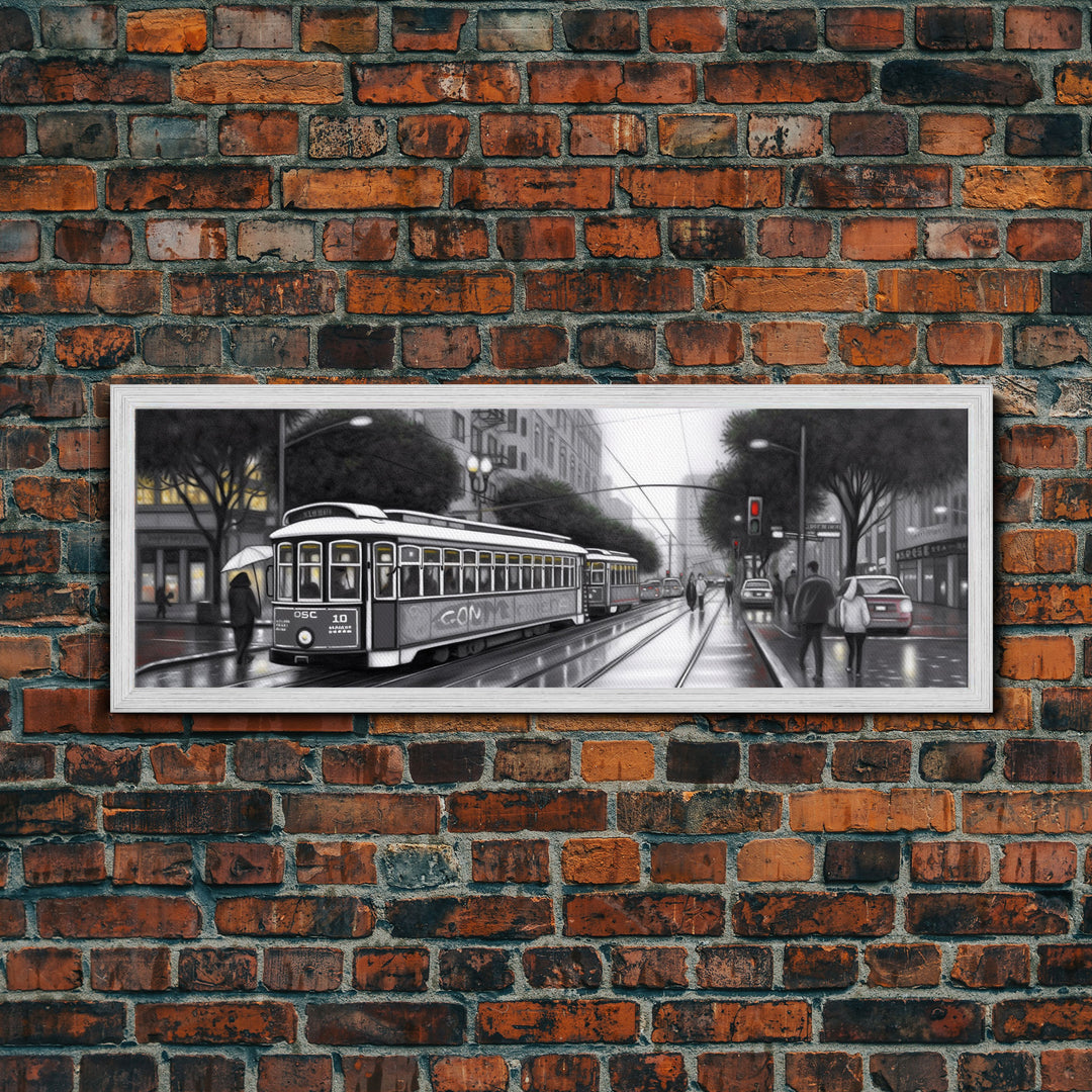 Tram In The City Canvas Print, Large Urban Art Print, City Art, Cityscape, Streetcar Wall Decor, Panoramic, Wall Art, Canvas Print