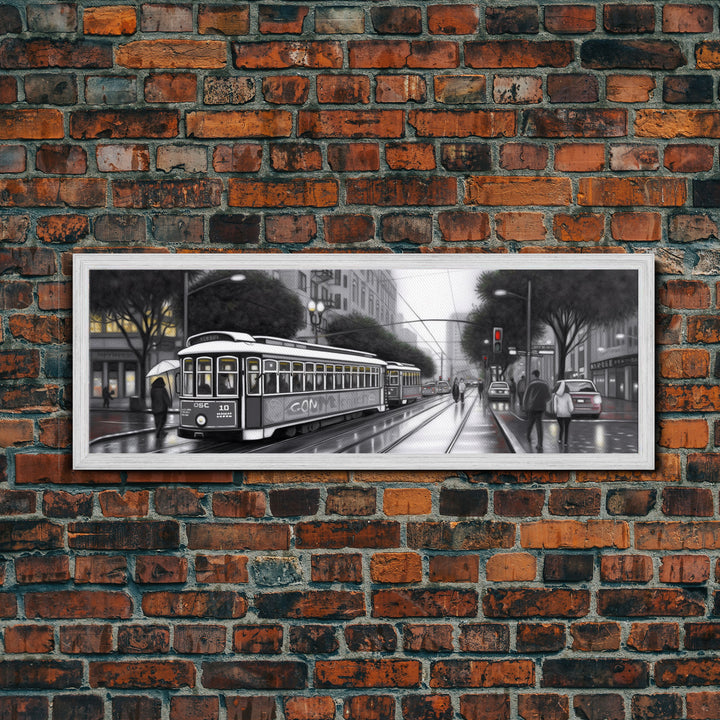 Tram In The City Canvas Print, Large Urban Art Print, City Art, Cityscape, Streetcar Wall Decor, Panoramic, Wall Art, Canvas Print