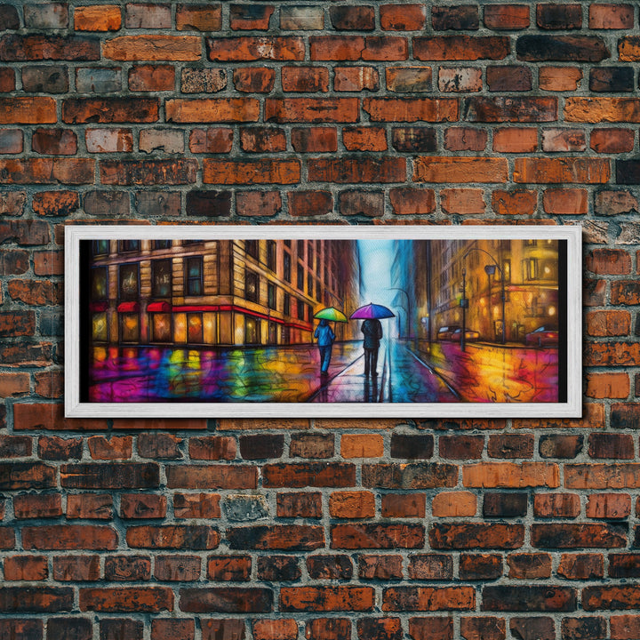 Colorful Umbrellas City Canvas Print, Large Urban Art Print, Two People Walking On Street, Vibrant Art, Panoramic, Wall Art, Canvas Print