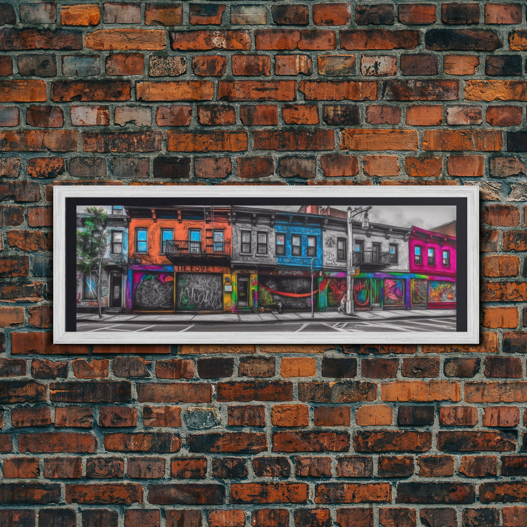 Run Down Row Of Buildings Canvas Print, Large Urban Art Print, Graffiti Street Art, Vibrant Art, Panoramic, Wall Art, Canvas Print