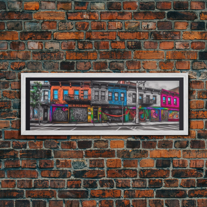 Run Down Row Of Buildings Canvas Print, Large Urban Art Print, Graffiti Street Art, Vibrant Art, Panoramic, Wall Art, Canvas Print