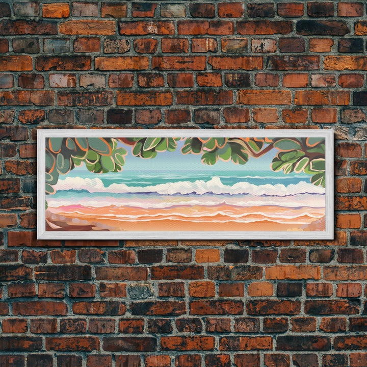 Beach Shore Art Canvas Print, Green Leaves, Canvas Beach Wall Art, Ocean Waves, Beach Sand Wall Art, Panoramic, Wall Art, Canvas Print