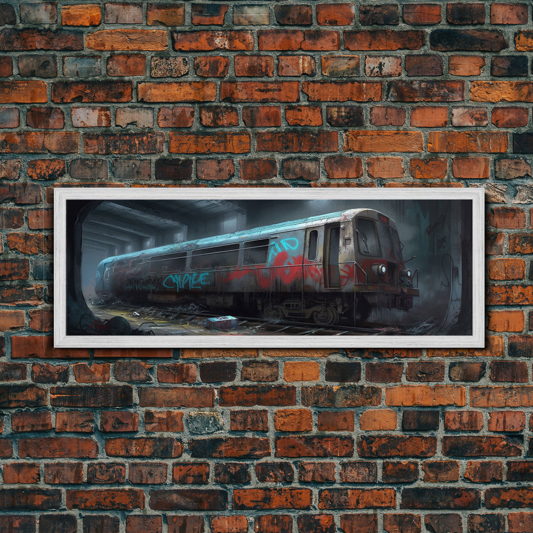 Graffiti On Abandoned Subway Train, Urban Art, Wall Decor, Urban Canvas Art, Large Framed Canvas Print, Panoramic, Wall Art, Canvas Print