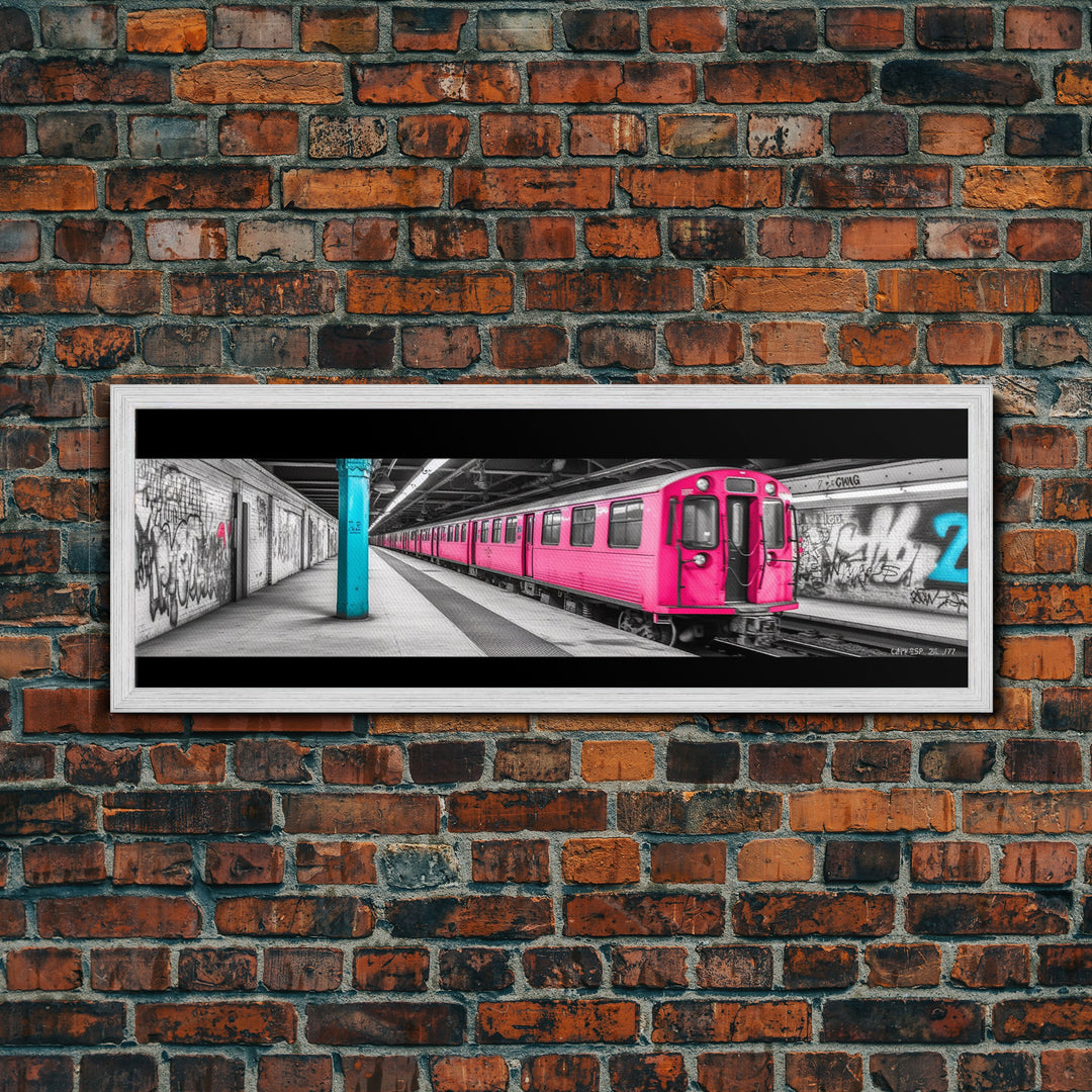 Graffiti On Subway Station, Graffiti Art Canvas, Pink Train, Wall Decor, Urban Art, Framed Canvas Print, Panoramic, Wall Art, Canvas Print