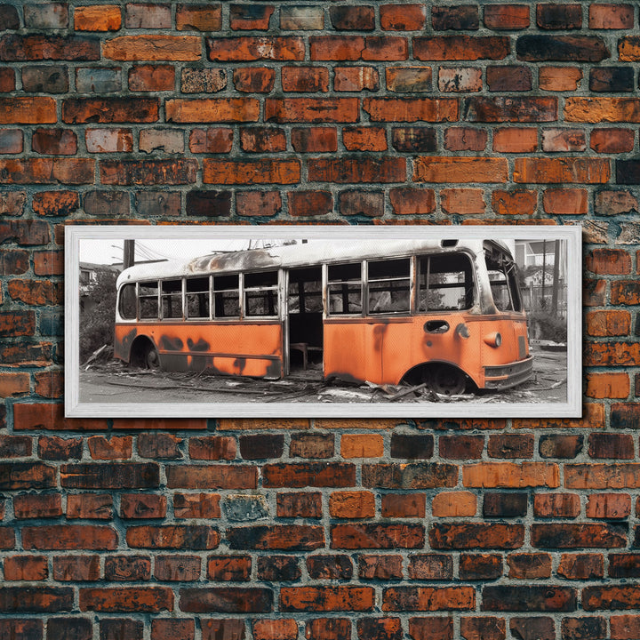 Old Burned Down Orange Bus, Abandoned Bus, Wall Decor, Bus Wreckage Canvas Art Print, Panoramic, Wall Art, Canvas Print