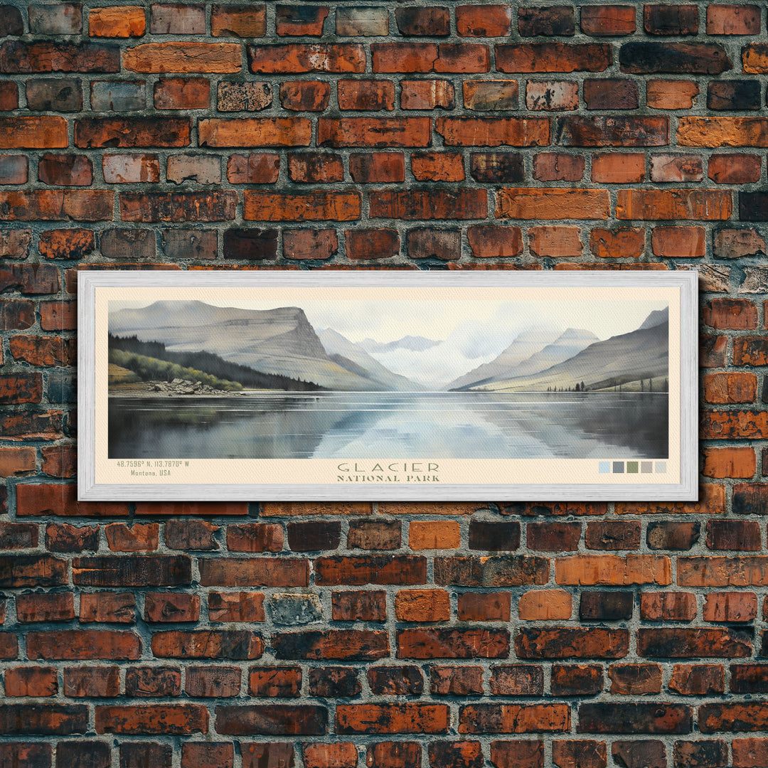 Glacier National Park Panoramic Montana Travel Art, National Park Print, Minimalist Travel Art, Subdued Watercolor Painting Panoramic