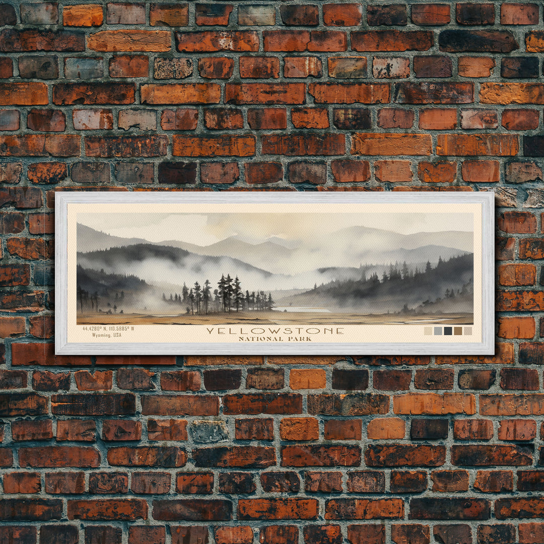 Yellowstone National Park Panoramic Wyoming Travel Art, National Park Print, Minimalist Travel Art, Subdued Watercolor Painting Panoramic