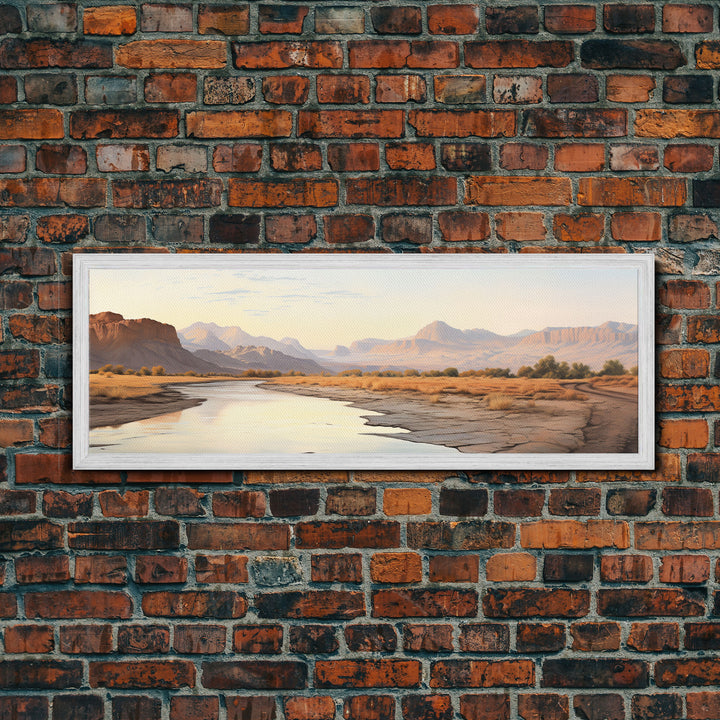 Ultrawide Panoramic Watercolor Landscape Painting Of a Utah Desert, Framed Canvas Print, Subdued Boho Minimalist Wall Art