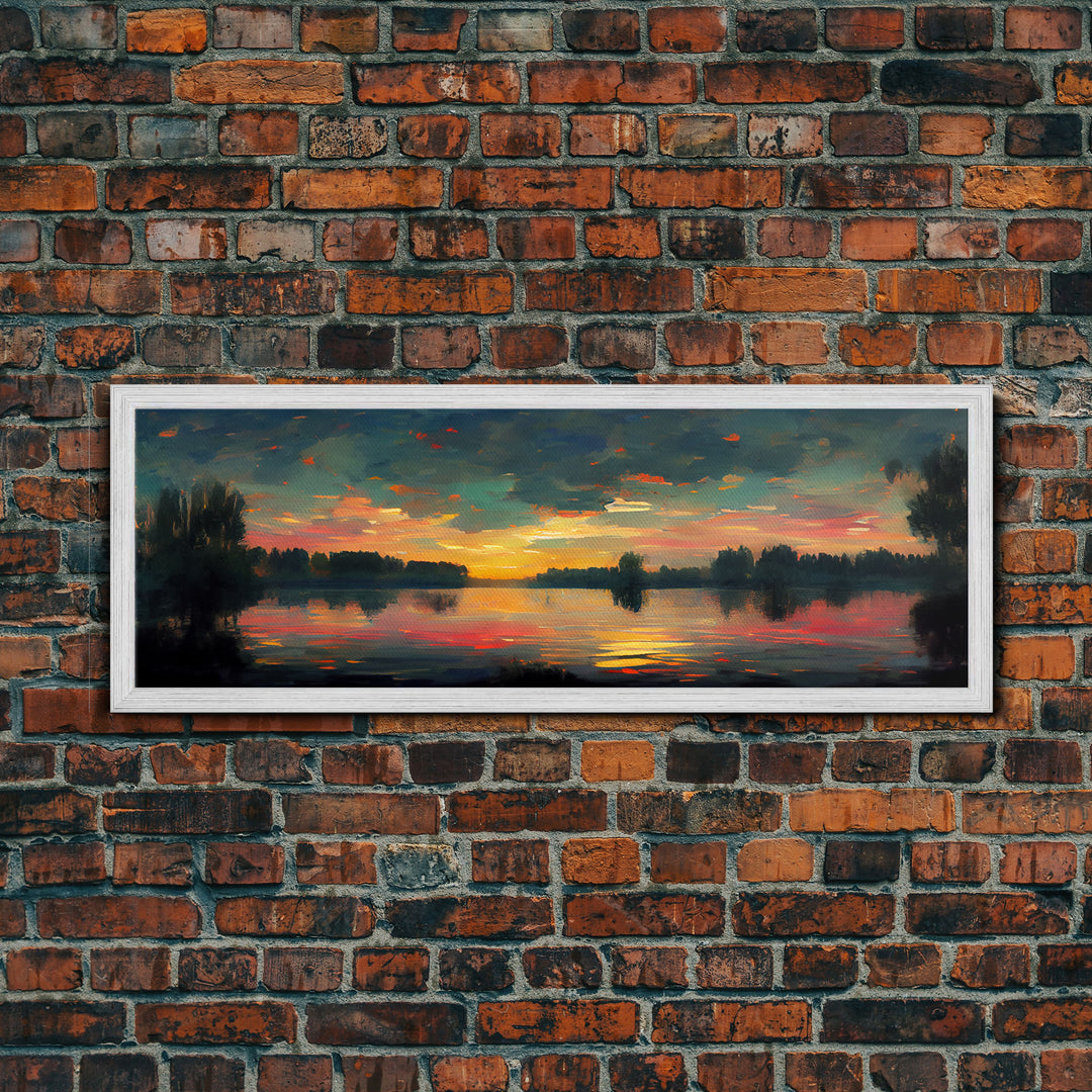 Cool Sunset Over The Lake, Ready To Hang Canvas Print, Panoramic Art, Lakehouse Wall Decor, Lake House Art, Beach House Art