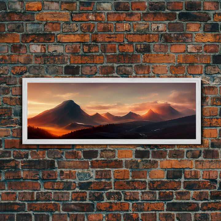 Sunset Over The Mountains, Ready To Hang Canvas Print, Panoramic Art, Above Bed Art, Above Couch Art, Above Sofa Landscape Decor