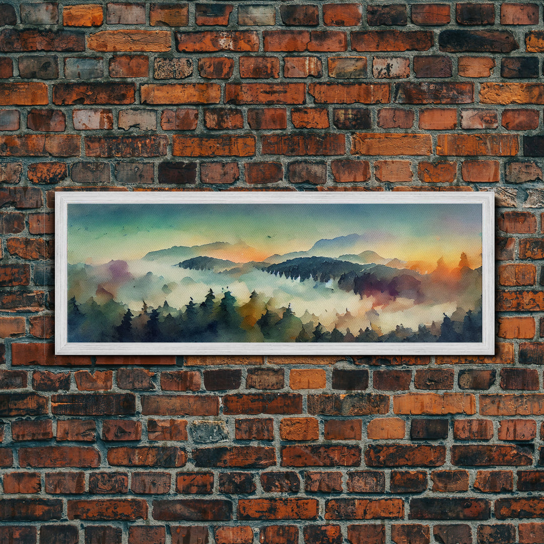 Dramatic Watercolor Sunset Landscape, Ready To Hang Canvas Print, Panoramic, Emerald Green Landscape Wall Decor, Watercolour Painting