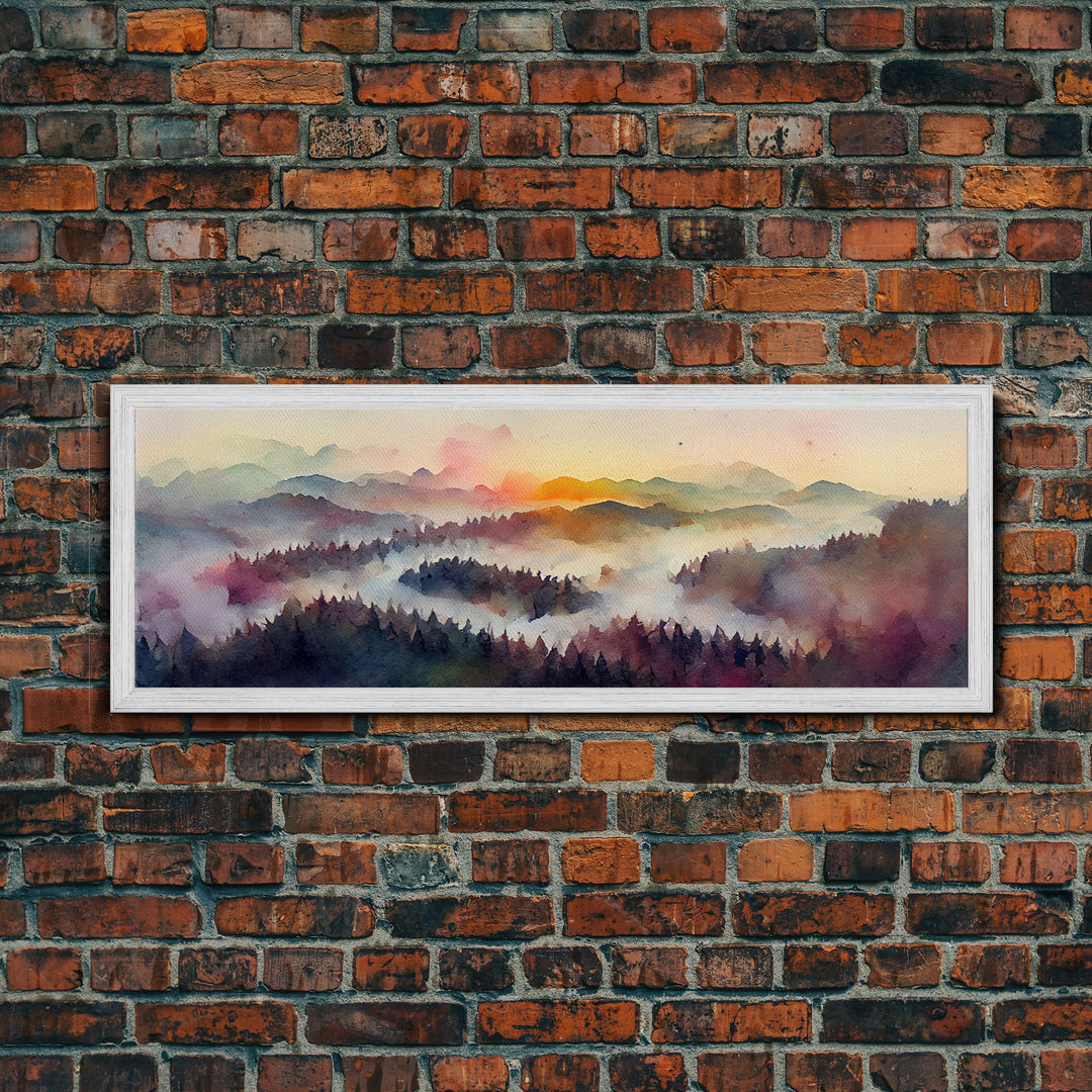 Dramatic Watercolor Sunset Landscape, Ready To Hang Canvas Print, Panoramic, Emerald Green Landscape Wall Decor, Above Bed Art, Guestroom