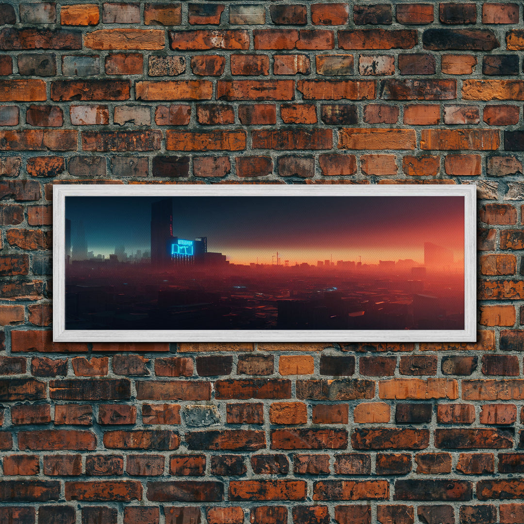 Cyberpunk Cityscape, Ready To Hang Canvas Print, Panoramic, Cyberpunk Concept Art, Cityscape at Sunset, Cool mancave art, gift for him